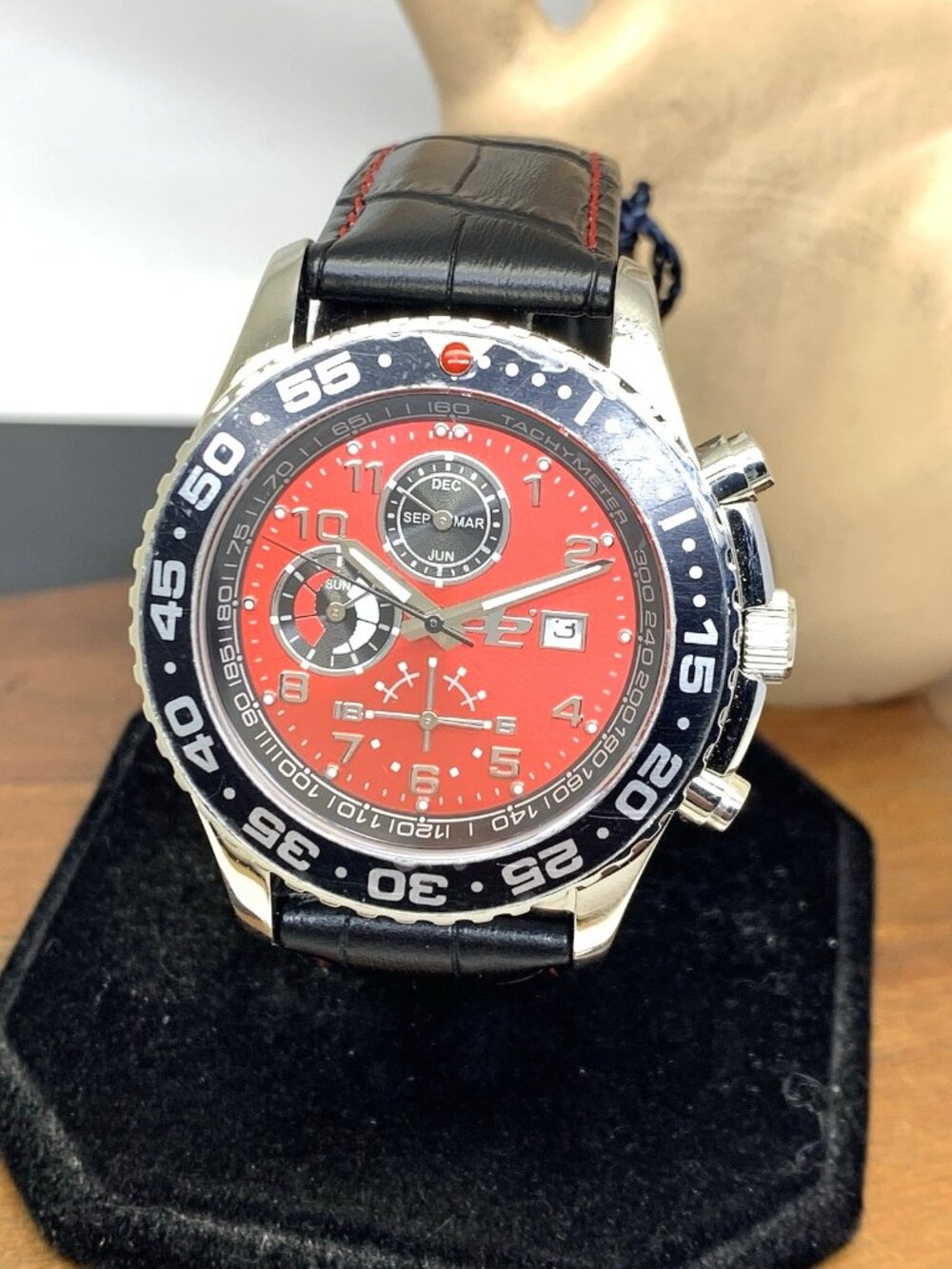 32 Degrees Men's Watch Swiss Quartz Chronograph Red Dial Black Leather Band 43mm